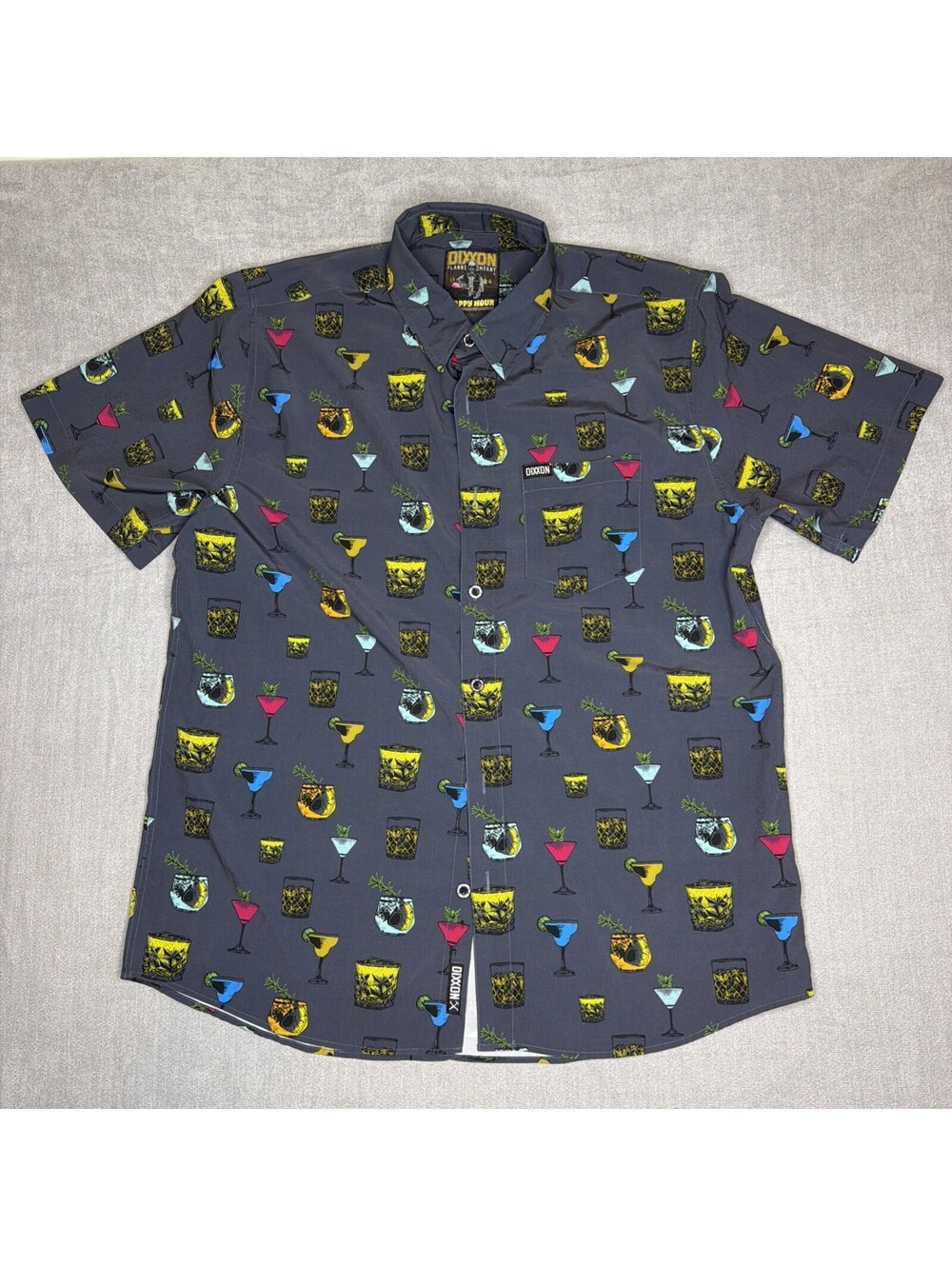 Dixxon Flannel Happy Hour Party Shirt Mens Large Gray Button Up Cocktail AOP